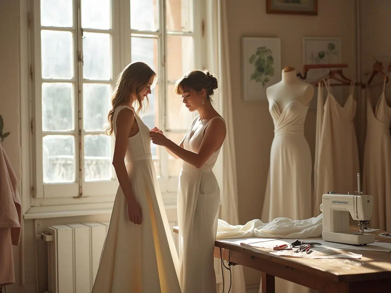 Robe de mariée blanche suspendue sur un cintre avant nettoyage en pressing