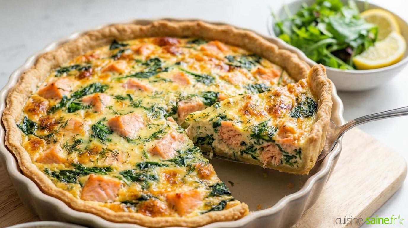 Quiche épinards saumon dorée, coupée en parts, posée sur une table de cuisine en bois.