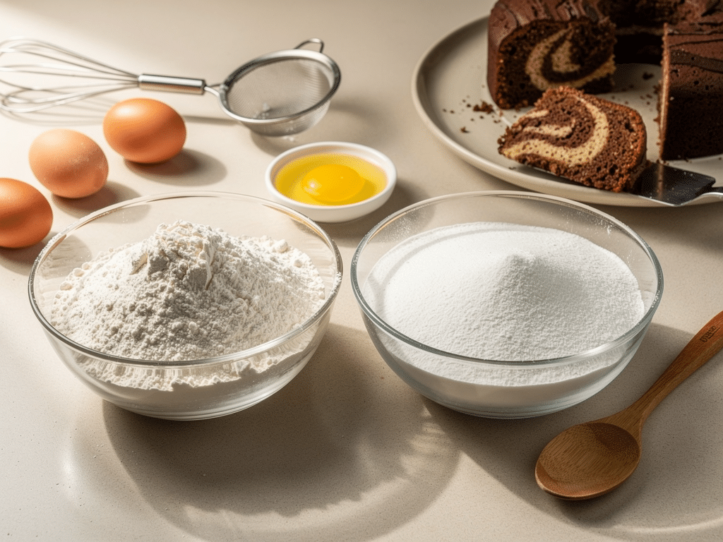 Bol de Maïzena et bol de farine de blé posés sur un plan de travail de cuisine