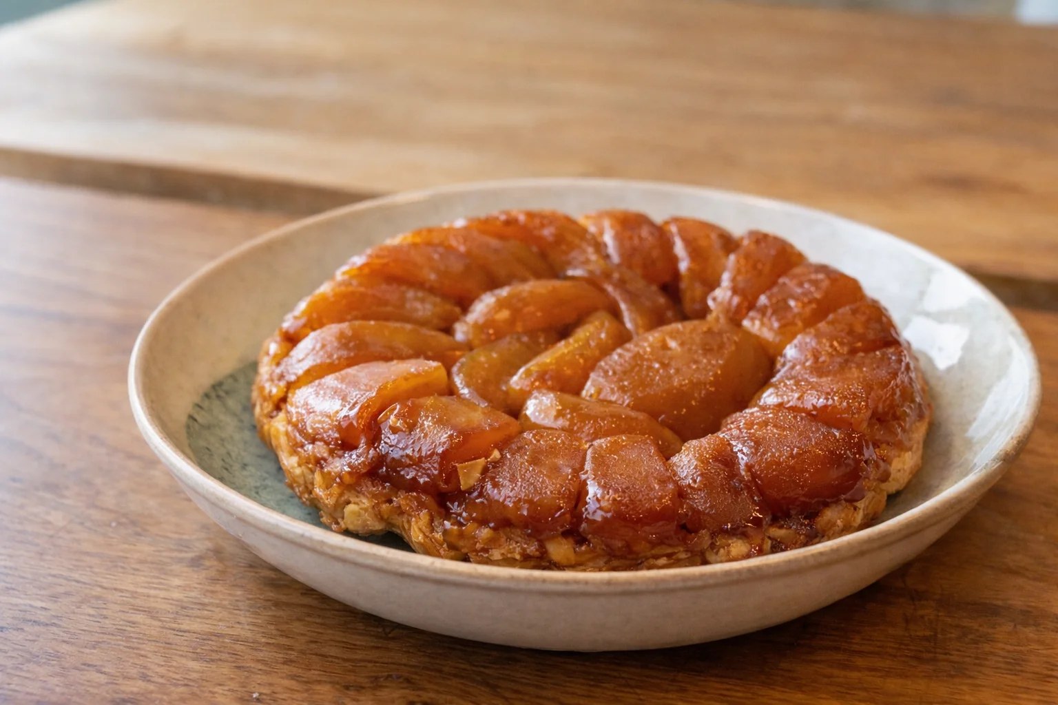 Moule à tarte tatin à bords hauts posé sur un plan de travail, prêt à recevoir les quartiers de pommes caramélisés
