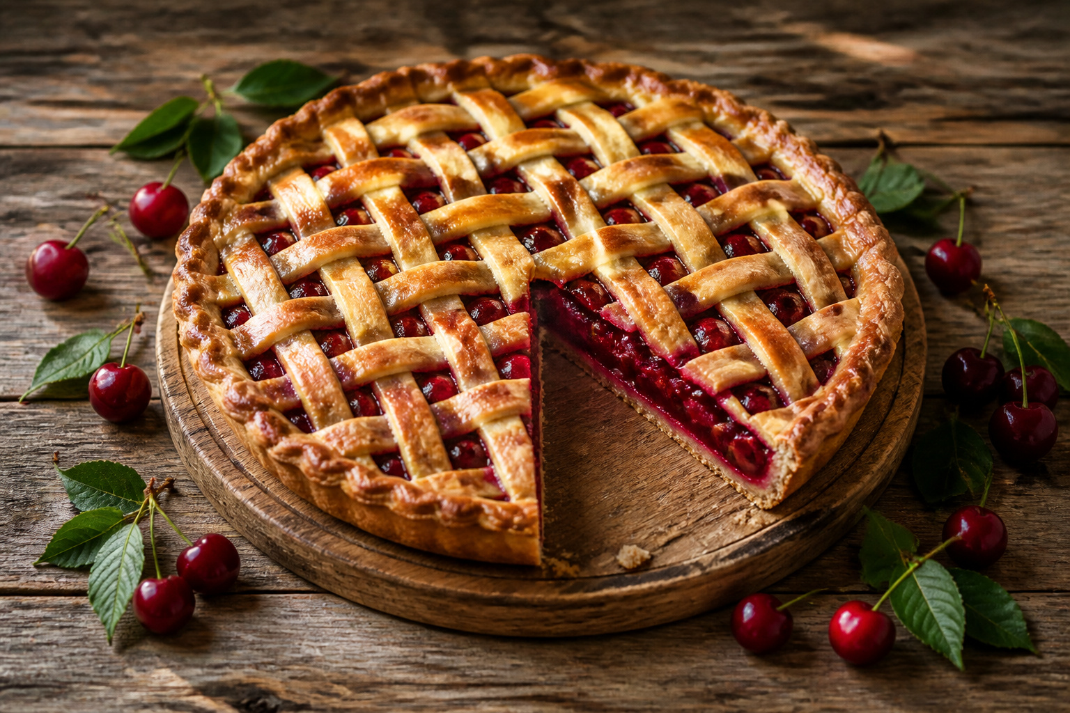 Part de tarte aux cerises à l'ancienne avec cerises fraîches et pâte dorée