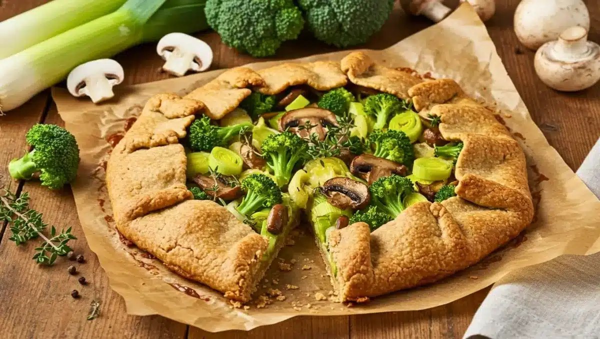 Part de quiche aux légumes sans pâte dorée, servie avec une salade