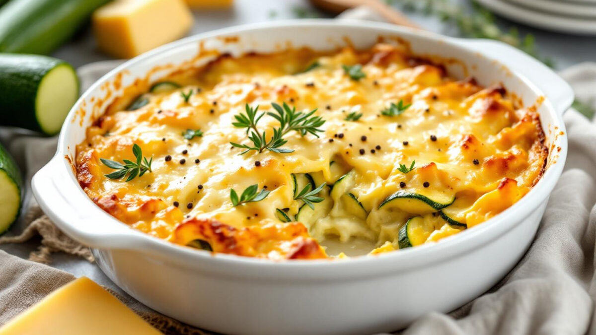 Gratin de courgettes à la ricotta doré au parmesan dans un plat en céramique