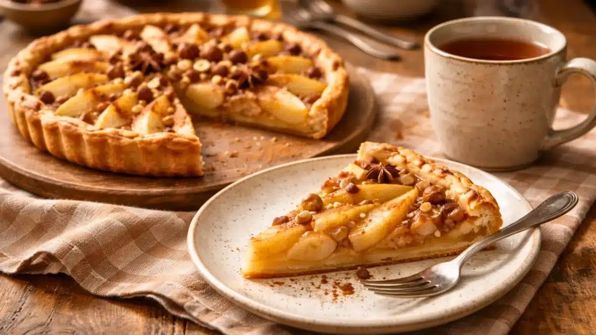 Tarte poire amandine maison avec demi-poires en rosace et amandes effilées dorées